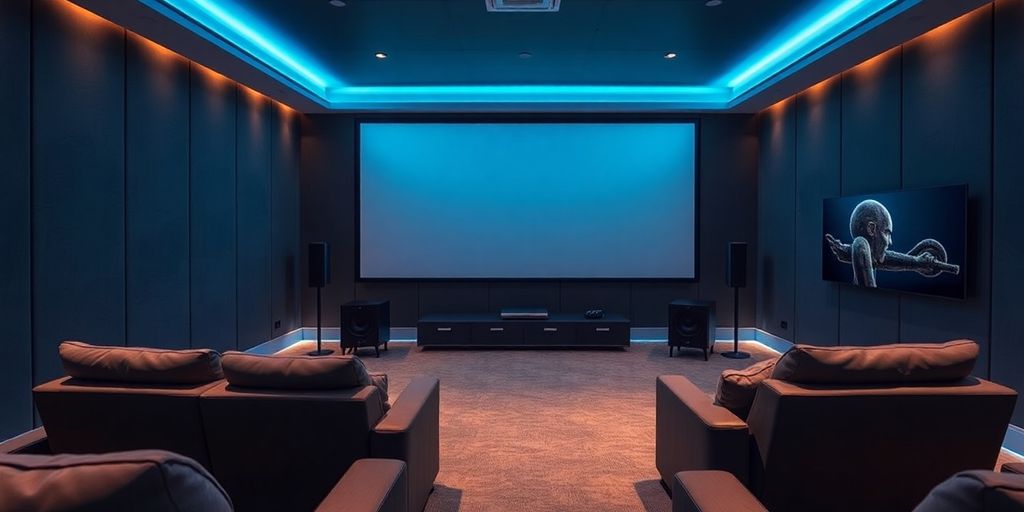 Modern home cinema with large screen and cozy seating.