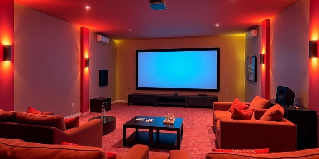 Modern home cinema setup with large screen and seating.