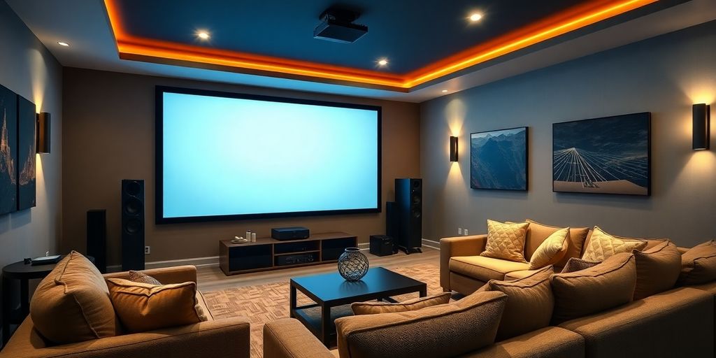 Cozy home cinema with large screen and comfortable seating.