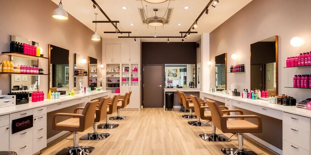 Stylish hair salon interior with modern decor and lighting.