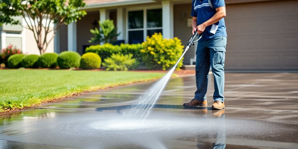 Power washer cleaning a driveway in a residential area.