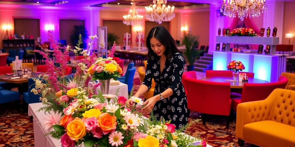 Event planner decorating a venue with flowers and supplies.