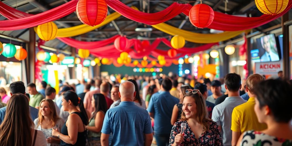 People enjoying a lively event with colorful decorations.