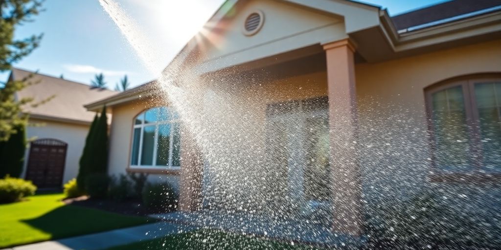 Power washing a house with clear blue sky.