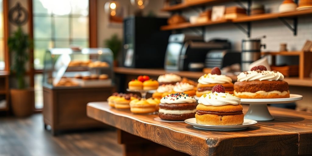 Fresh pastries and cakes in a cozy bakery setting.