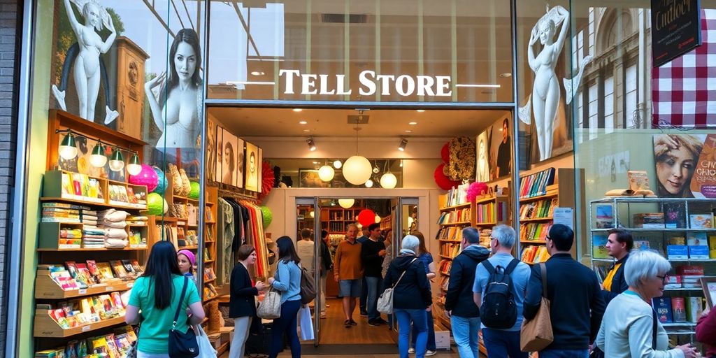 A busy storefront with shoppers and engaging displays.