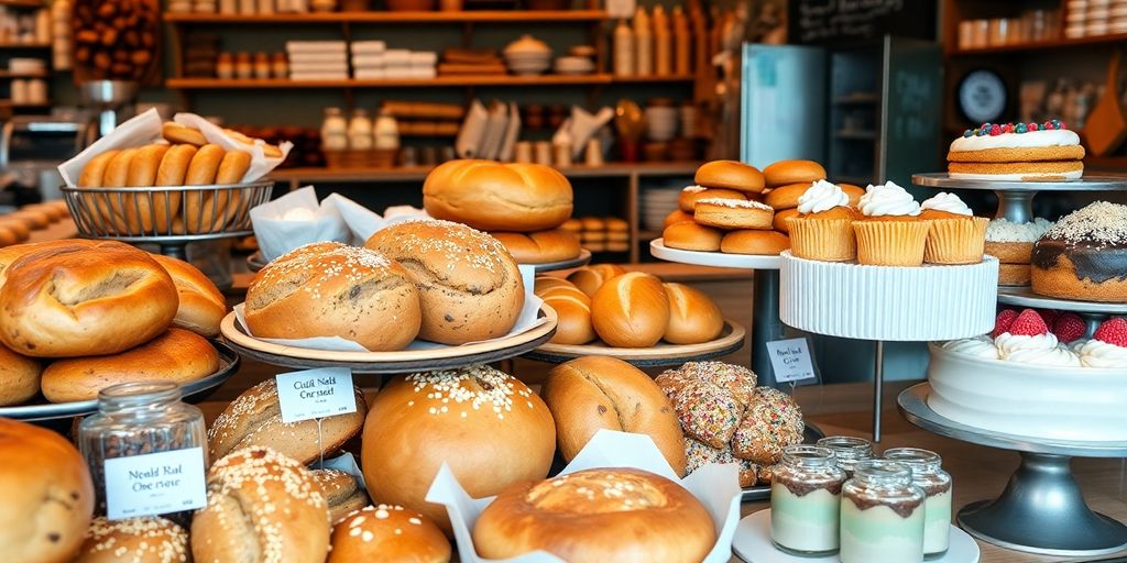 Freshly baked goods from a local bakery display.