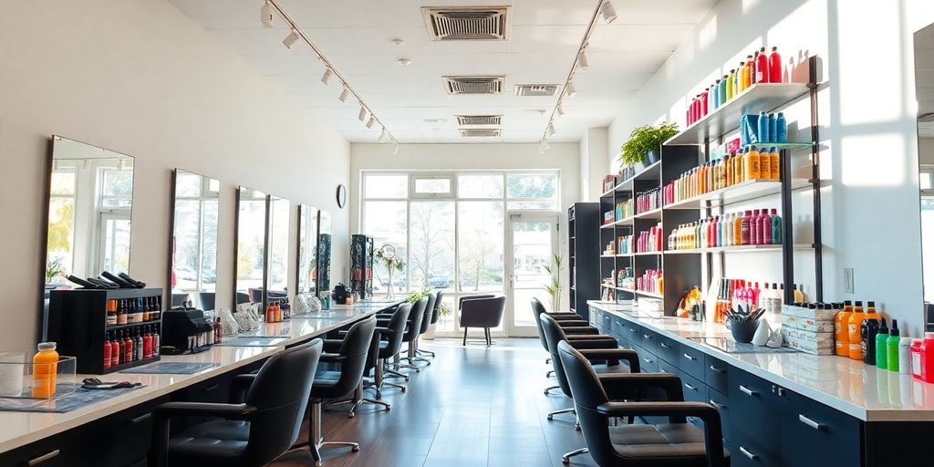 Elegant hair salon interior with bright decor and tools.