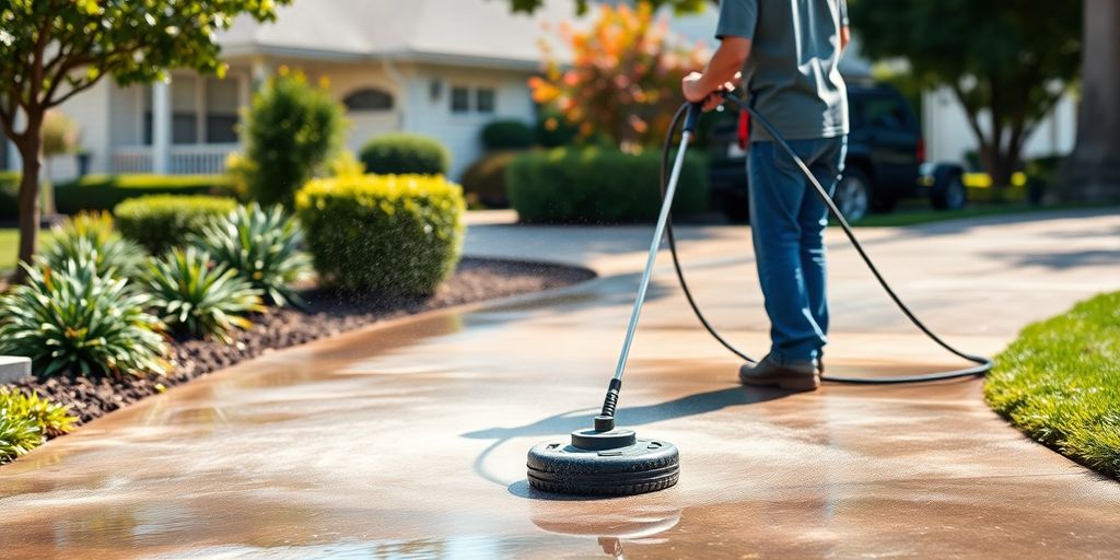 Power washing service cleaning a driveway with water spray.