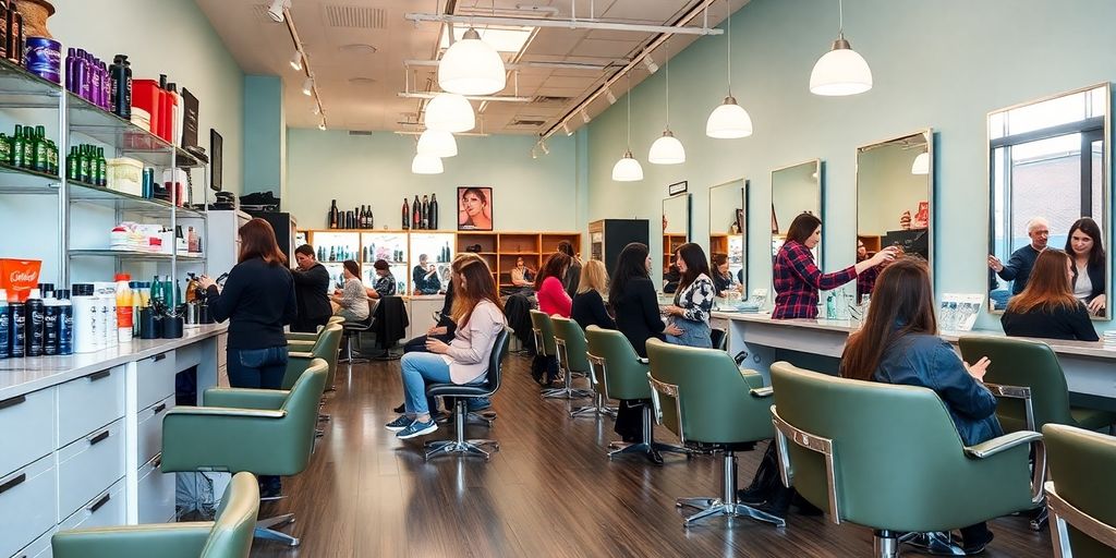 Inside view of a busy hair salon with customers.