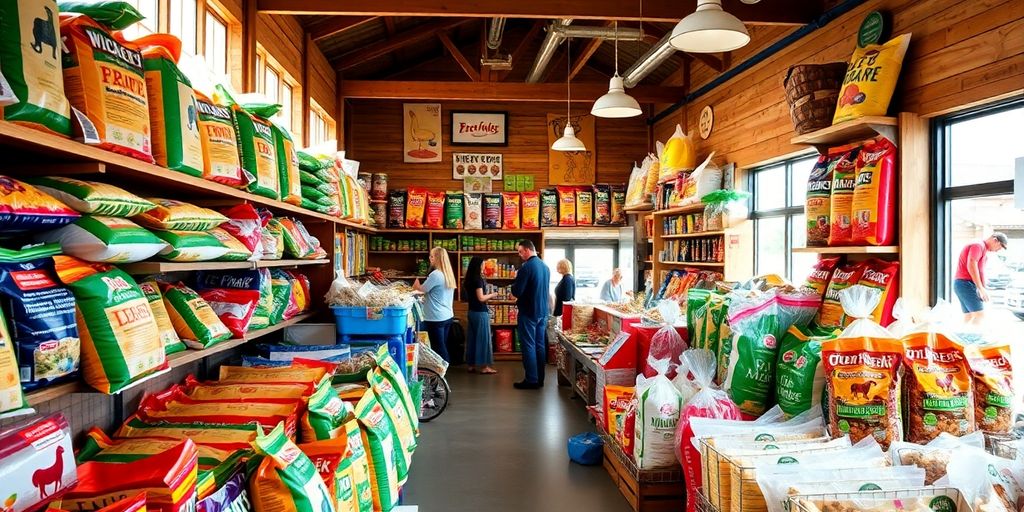 Animal feed store with various bags and customers inside.