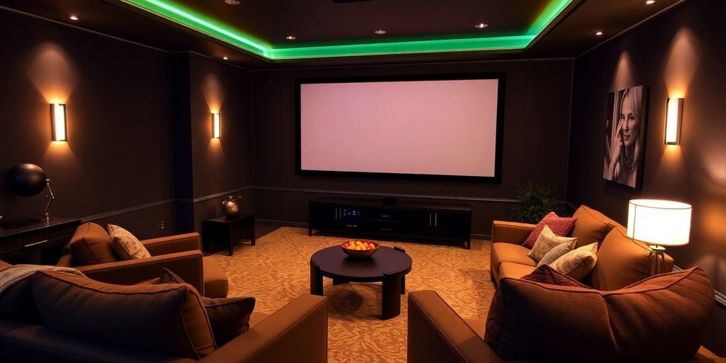 Home cinema setup with large screen and cozy seating.