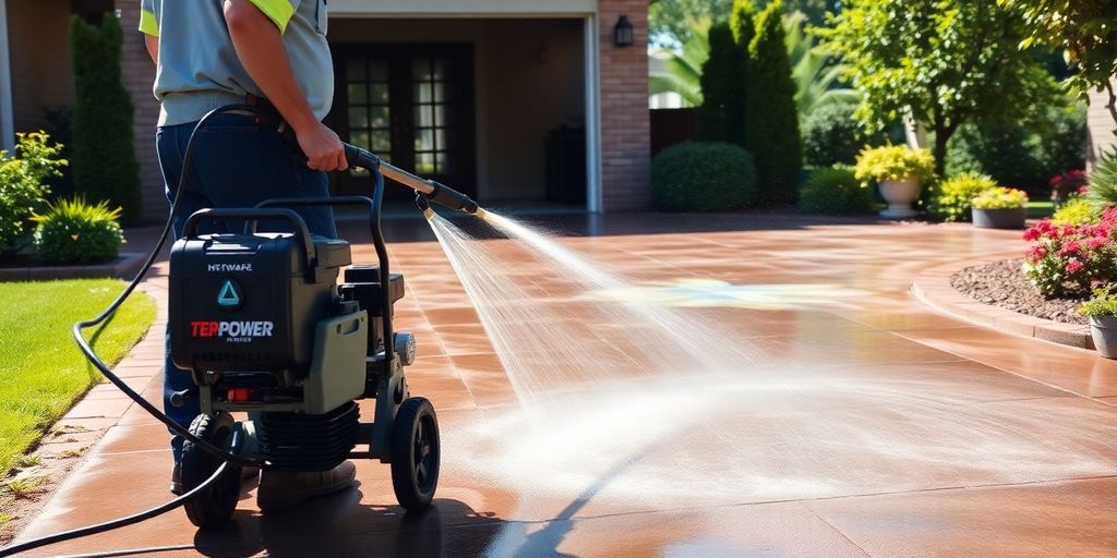 Worker power washing a driveway on a sunny day.