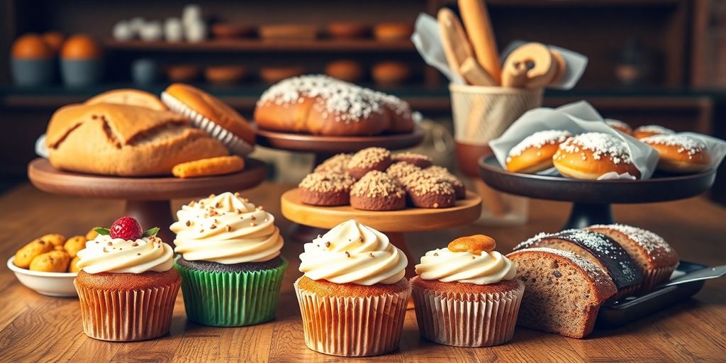 Various baked goods displayed on a wooden table.