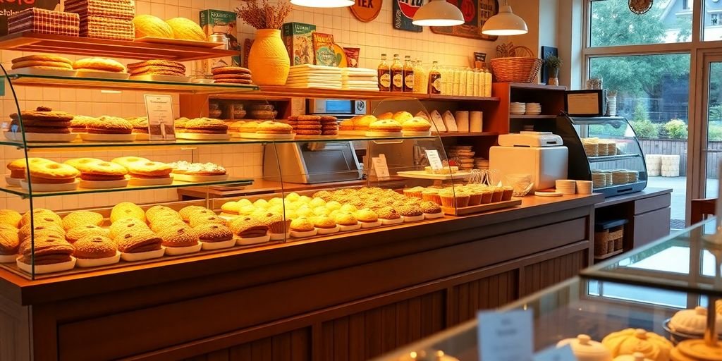 Colorful bakery display with fresh pastries and bread.