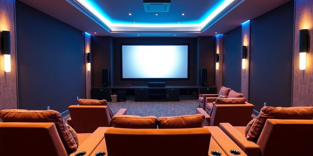 Luxurious home cinema setup with plush seating and screen.