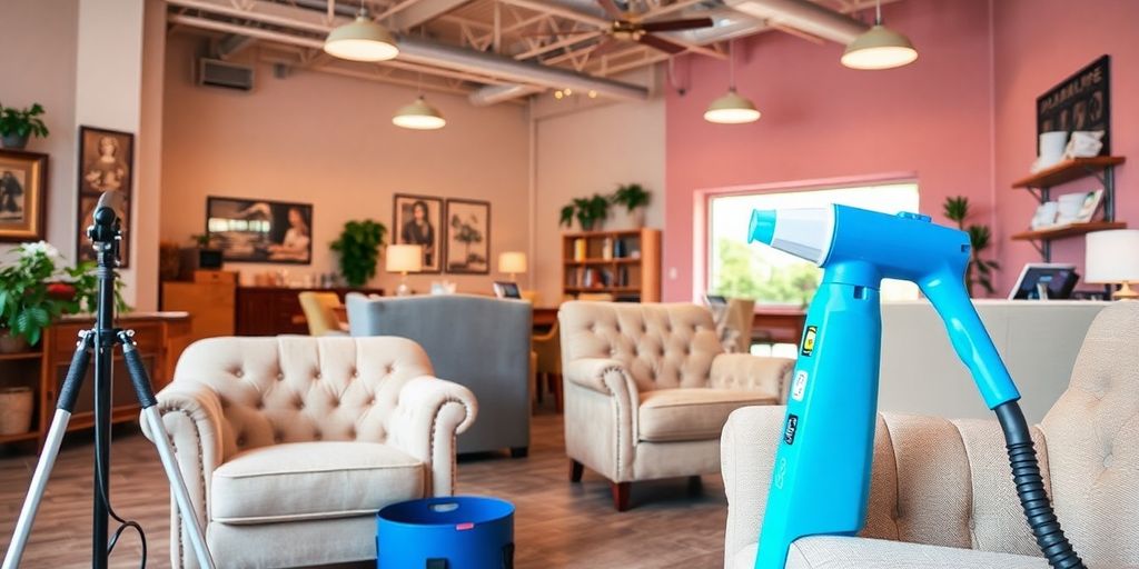 Upholstery cleaning tools in a bright workspace.