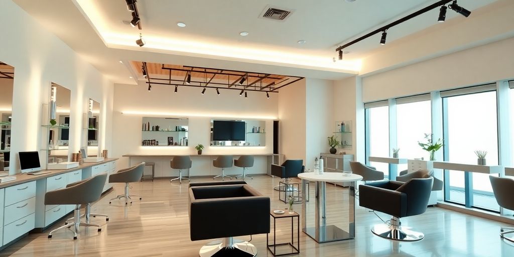 Modern hair salon interior with stylish furniture and decor.