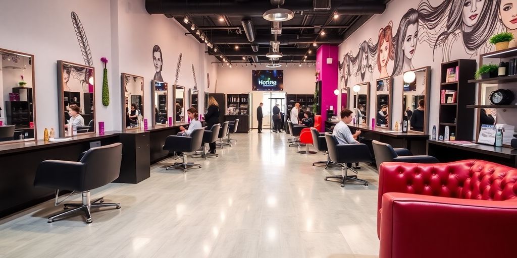 Stylish hair salon interior with hairstylists and clients.