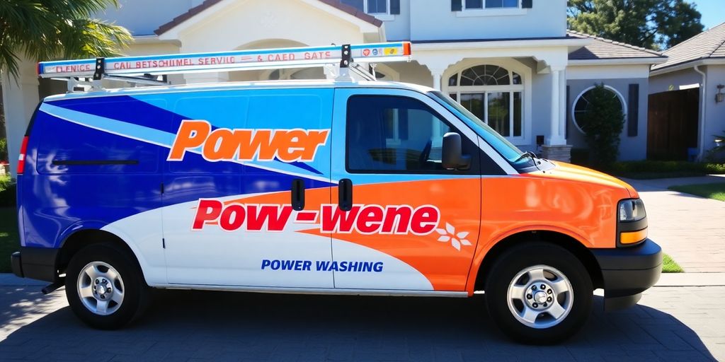 Power washing service vehicle in front of a clean home.