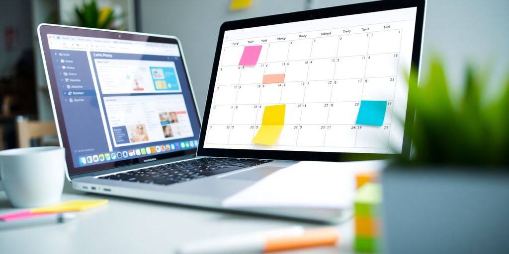 Colorful workspace for event planning with laptop and calendar.