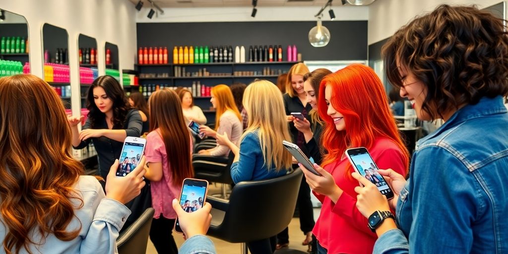 Stylists working with clients in a bright hair salon.