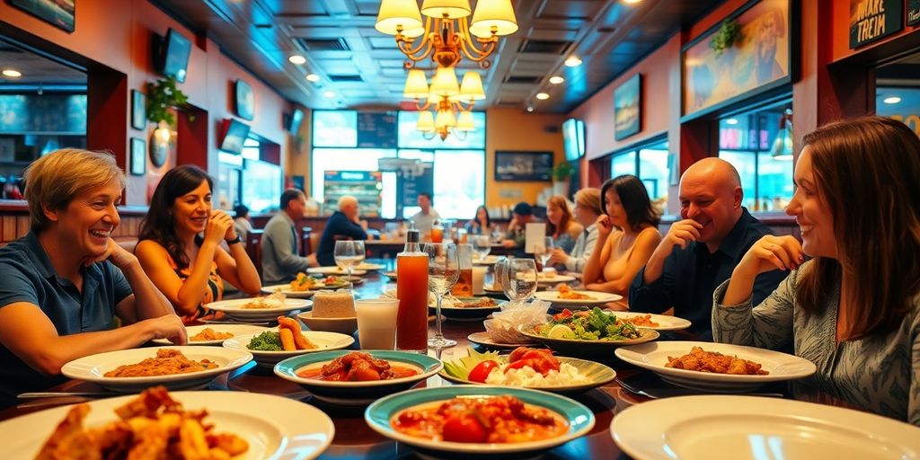 Inviting restaurant dining scene with happy diners.