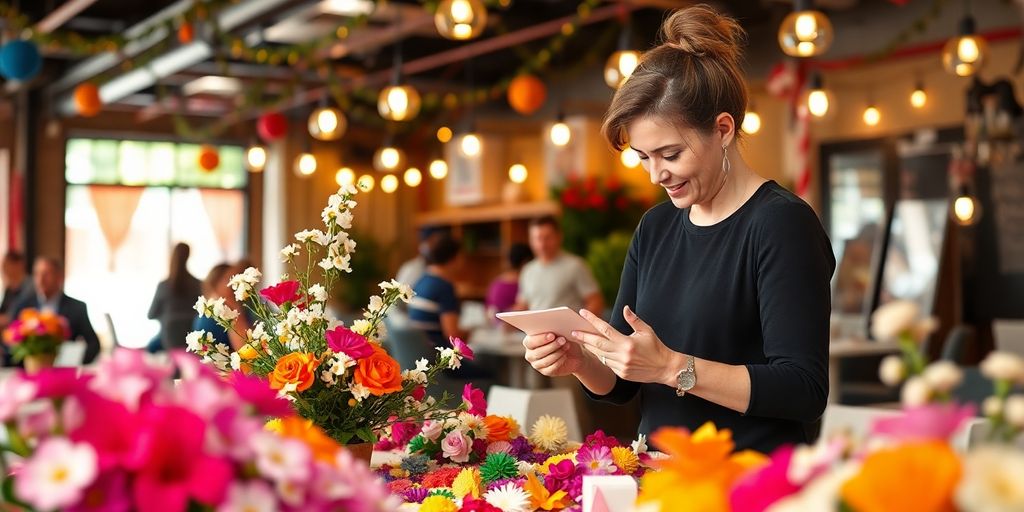 Event planner decorating a local venue with flowers.