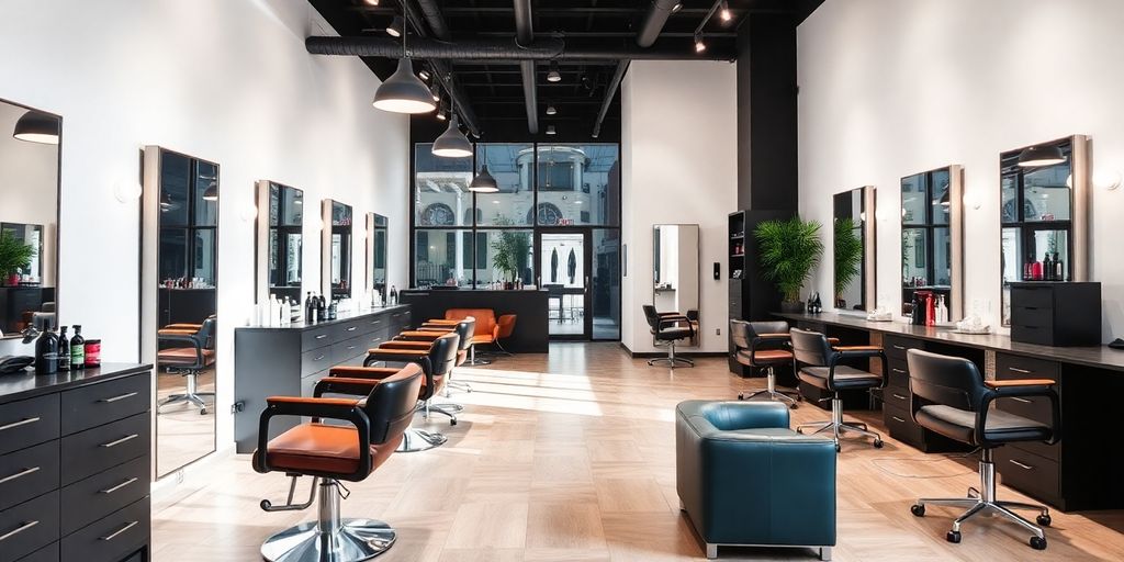 Bright hair salon interior with stylish decor and stations.