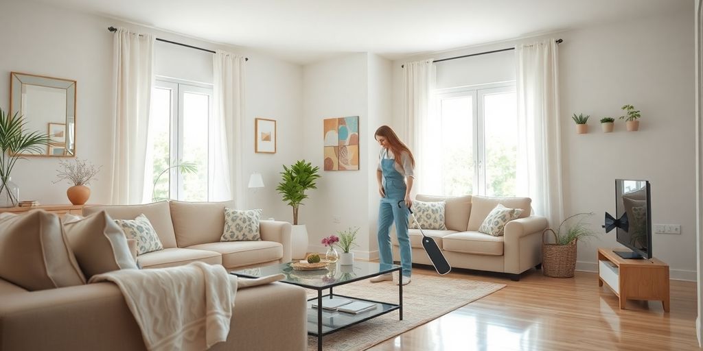 House cleaner tidying a bright, clean living room.